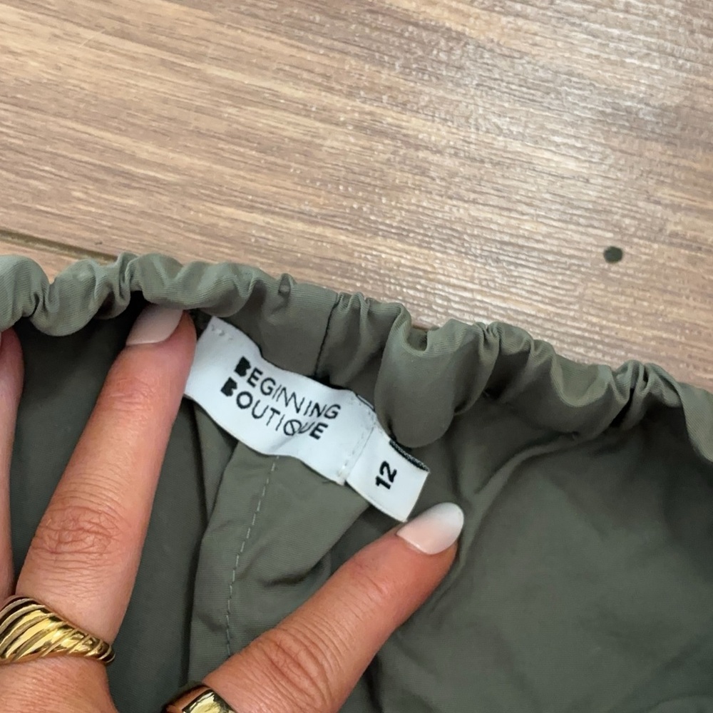 Beginning Boutique Green Wide Leg Pants Khaki Drawcord Cargo Pants - Picture 12 of 15